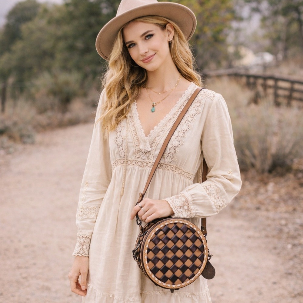 Countryside Co‎ Round Leather Woven Crossbody Bag Purse